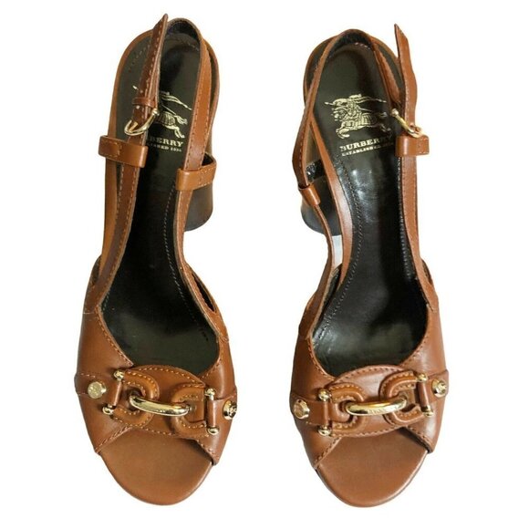 BURBERRY Women’s Sz 39 US 8.5 Carmel Brown Equestrian Style Sling Back Heels - Picture 3 of 12